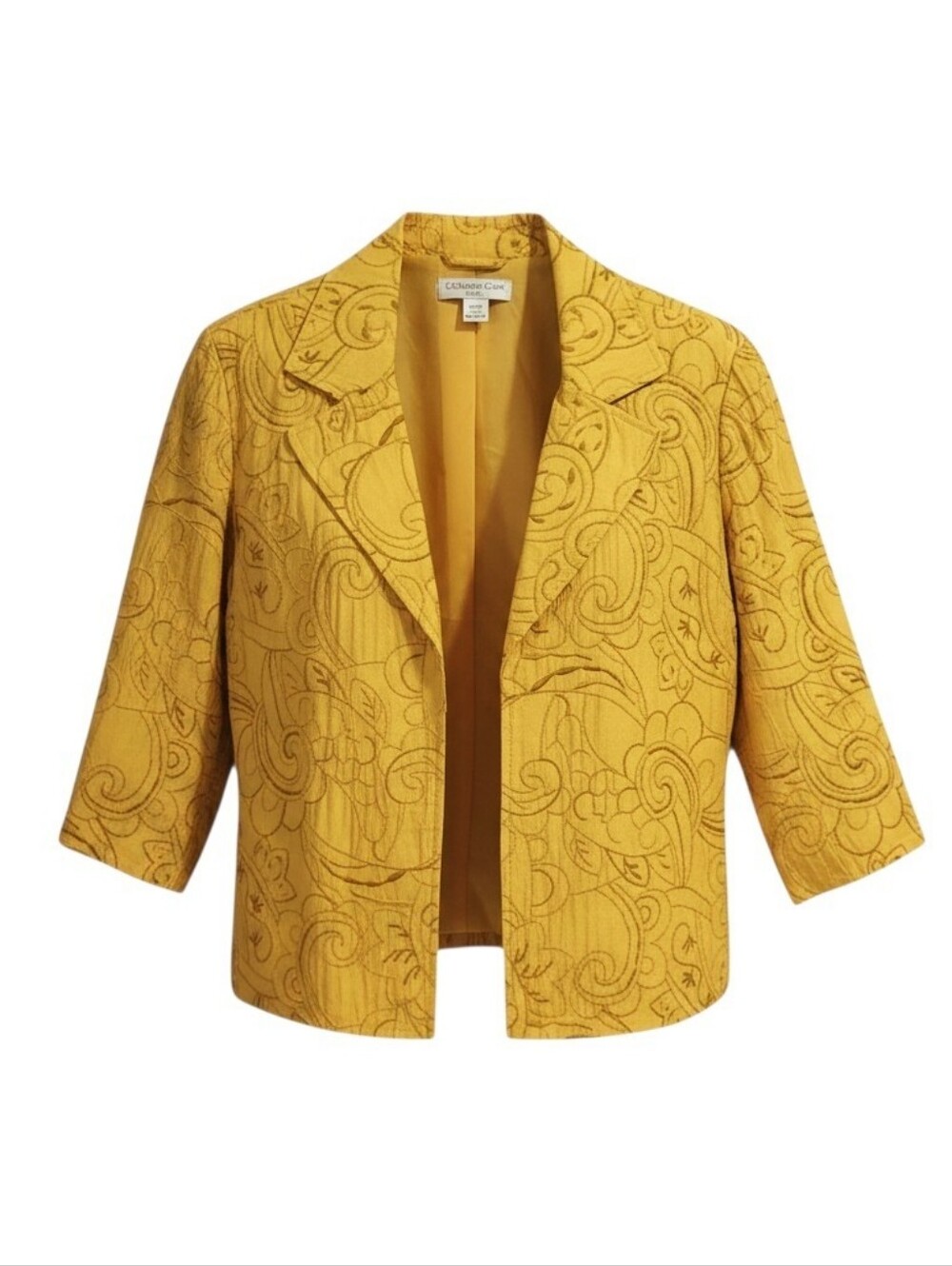 Coldwater Creek Open Front Blazer Jacket Size PM 10-12 Gold Floral Embroidery